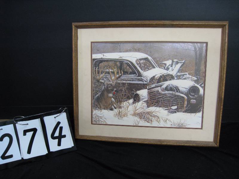 lot 274 image: Buck in snow with classic car - Framed print, #581 - from a store in N Hollywood