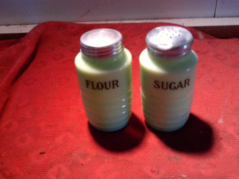 ANTIQUE JADED FLOUR AND SUGAR SHAKERS