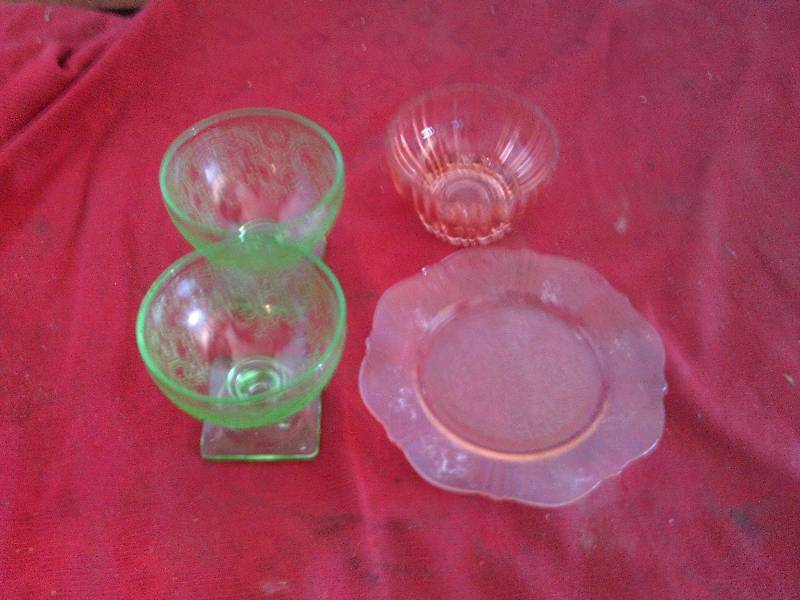 GREEN AND PINK DEPRESSION GLASS