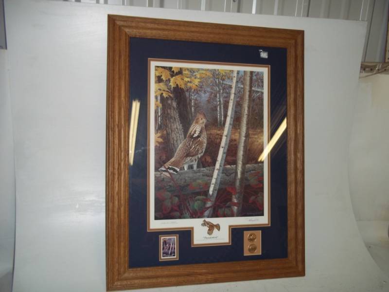 lot 18 image: Thunderbird framed print with stamp and coins 22 x 28