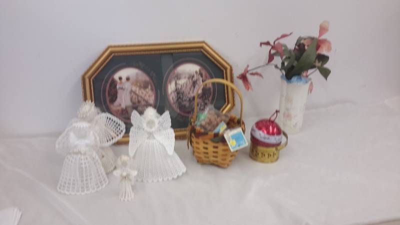 Framed art, vase, crochet angels, basket, more