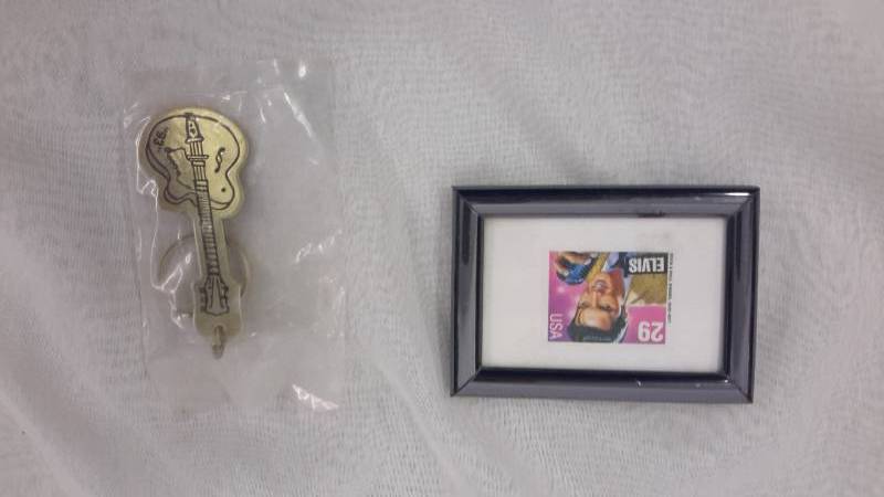 Framed Elvis stamp, guitar keychain