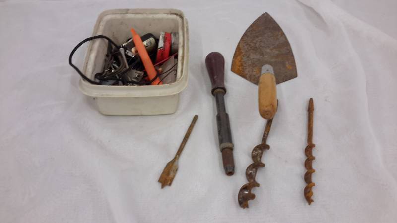 Vintage tools and bin of misc