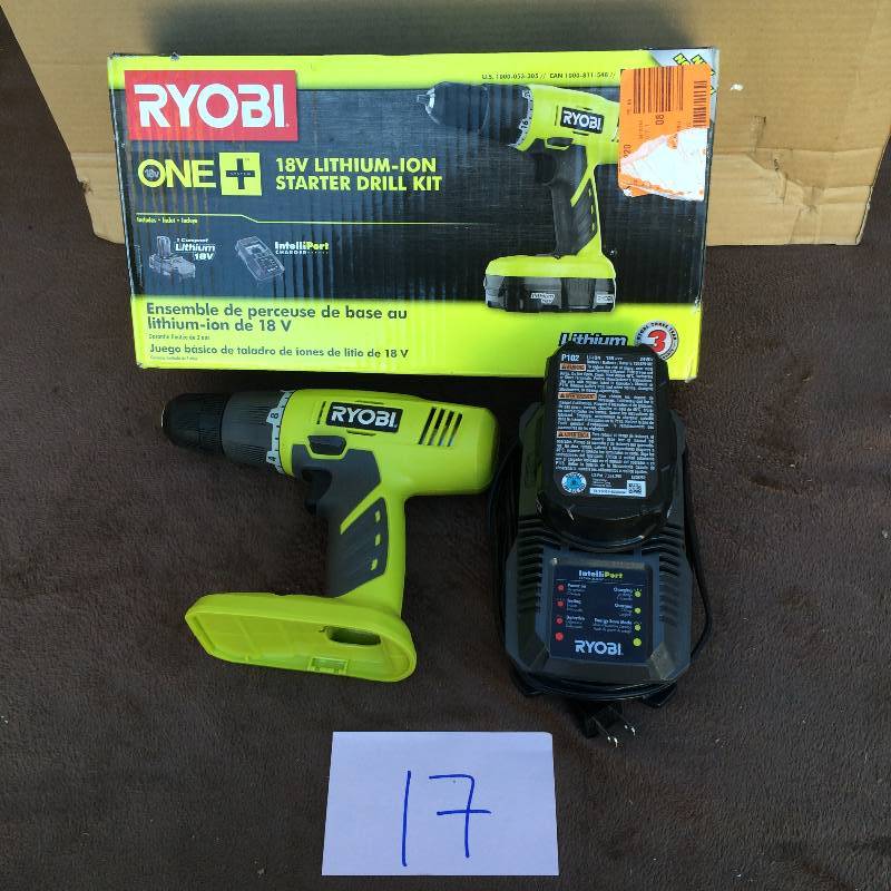 lot 17 image: Ryobi ONE 18-Volt Lithium-Ion Starter Drill Kit in like Nw working conditions