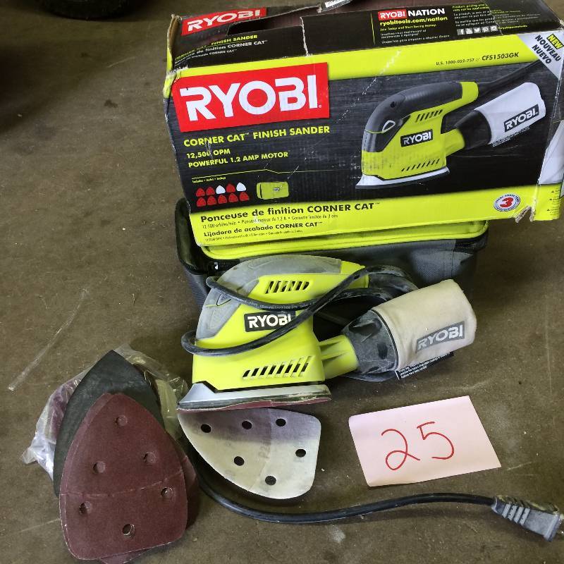 lot 25 image: Ryobi 1.2 Amp Corner Cat Sander used working conditions Model # CFS1503GK