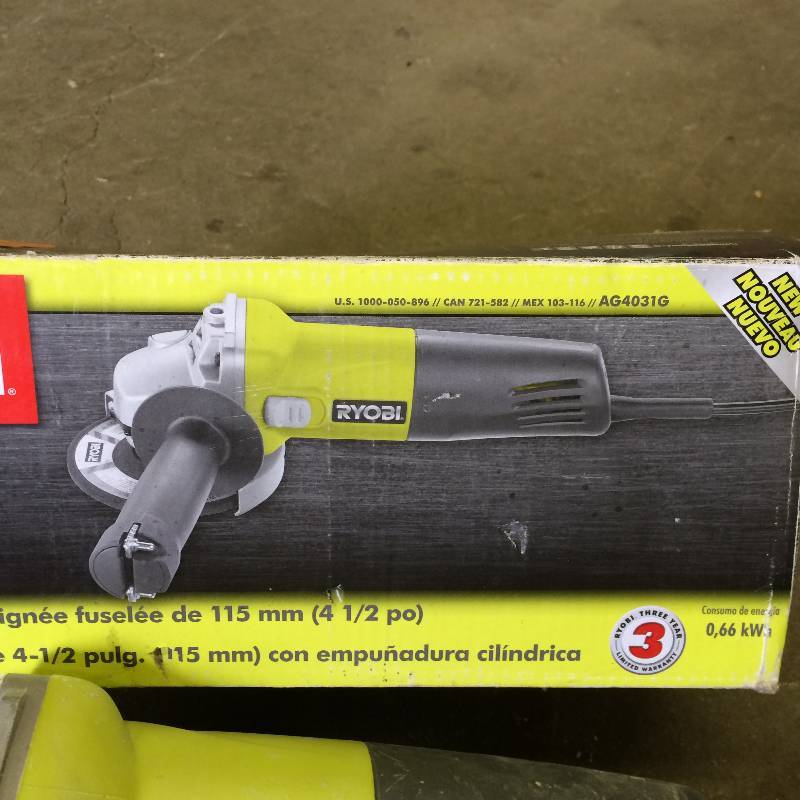 lot 26 image: Ryobi 5.5-Amp Angle Grinder Model # AG4031G used in working conditions