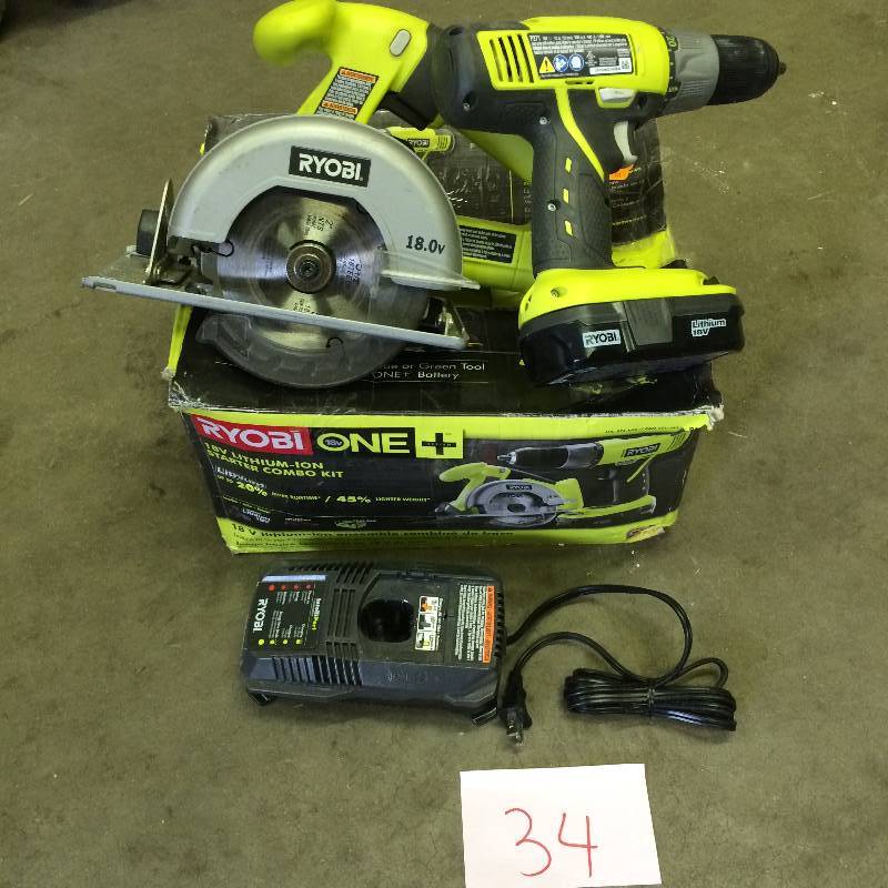 lot 34 image: Ryobi ONE 18-Volt Lithium-Ion Starter Combo Kit (2-Tool) Model # P825 used working conditions
