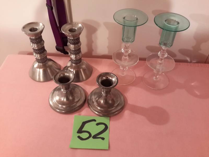 Swedish Glass Candle holders green and clear.. 2 pewter candle holders. Low stature  2 High stature, norwegian pewter candle sticks