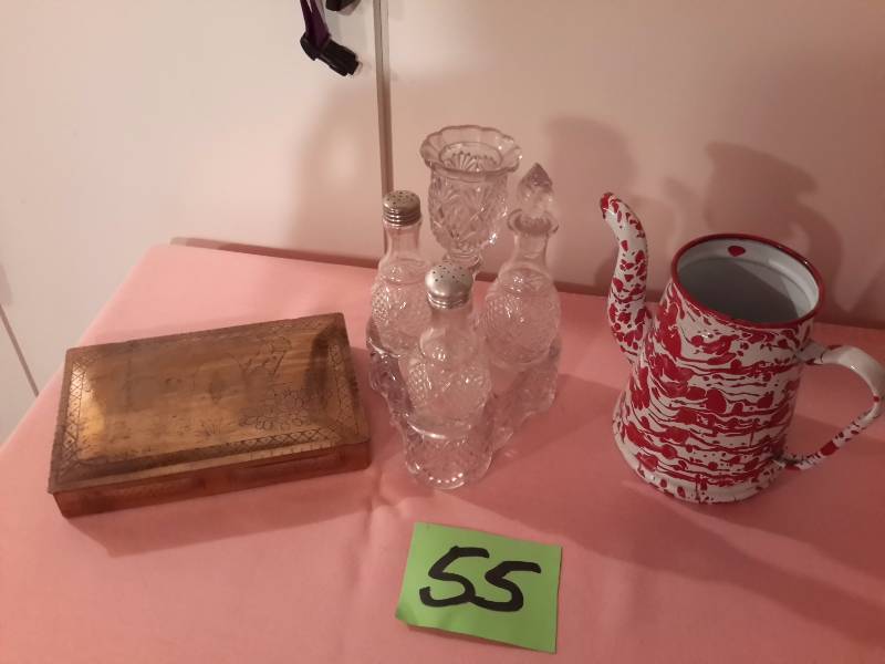 Red Enameled coffee tea pot.. Mexican Box (70 years old). Tooth pick holder, oil vingear press glass server.