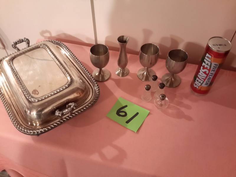 3 pewter wine glasses 3 saltpepper shakers, 1 pewter vase, Large life saver container, 1 large silver plate server. .heavy