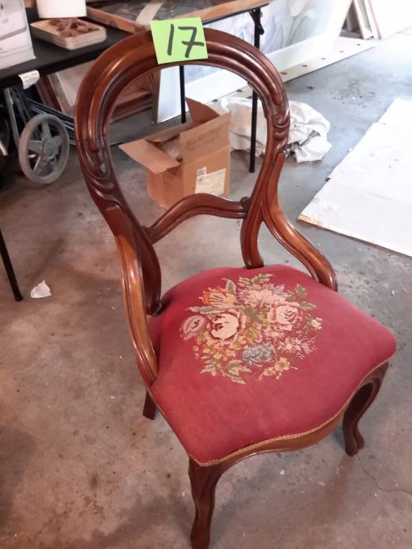 Side Chair, Dark Stained Walnut Wood.. From early 1900s..Needle point was done by her Great Grandmother.  Over 100 years old.