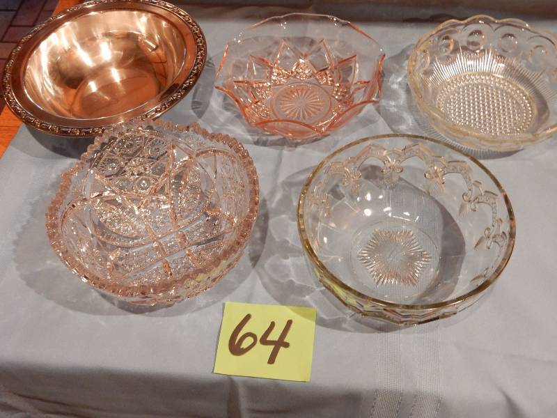 5 Bowls.  4 depression glass, 1 pink, 1 pressed glass, 1 silver plate bowl, 1 clear bowl