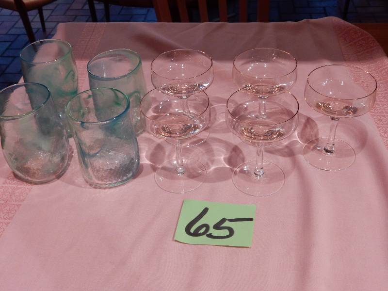 5 pink sherbets.. 4 green hand blown glasses.. Made by River Falls Student.