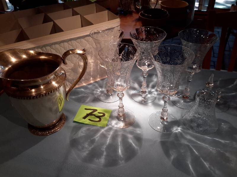 Fostoria Water Stemmed glasses plus 1 broken.. Silver Plate pitcher