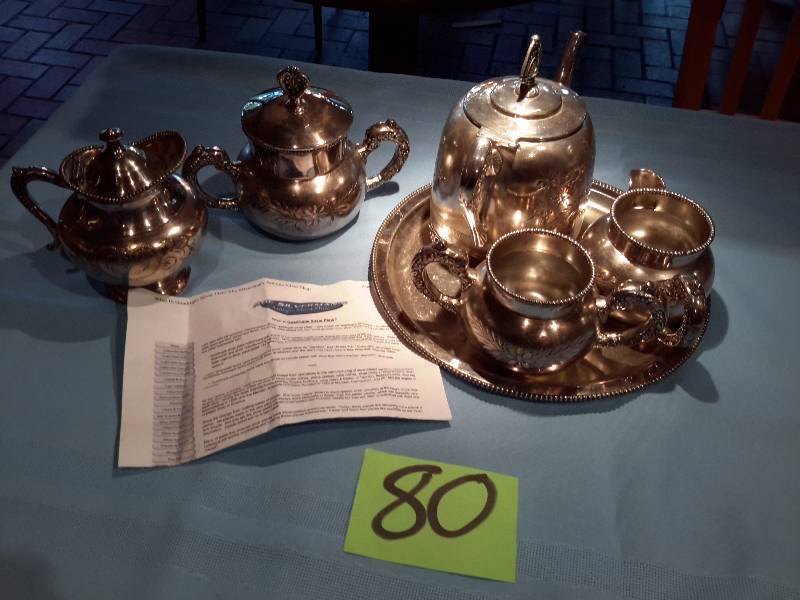 Black Silver Quadrupleplate.. Cream and Sugar, Tea pot on plate.. Sugar and Cream in addition.