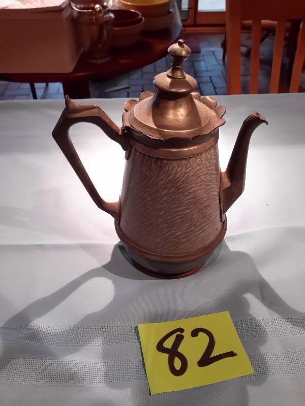 Granite coffee pot with pewter top, spout and handle.. Has brass ring on base.. VERY OLD