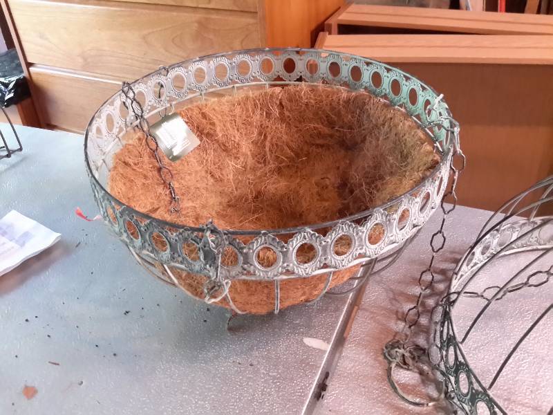 3 hanging plant baskets.. Decorative  16in diam x 9 in high.. Grass as shown included for 2.