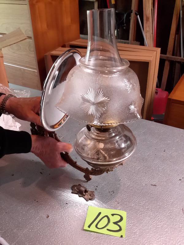 Beautiful, very old, Kerosene Lamp with Bracket and reflector..