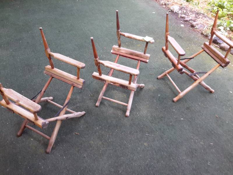 3 Oak Directors chairs from WWI Era.. Need refinishing and canvas put on.. Very heavy duty.. Made by Gold Metal Manufacturing, Racine Wisconsin.
