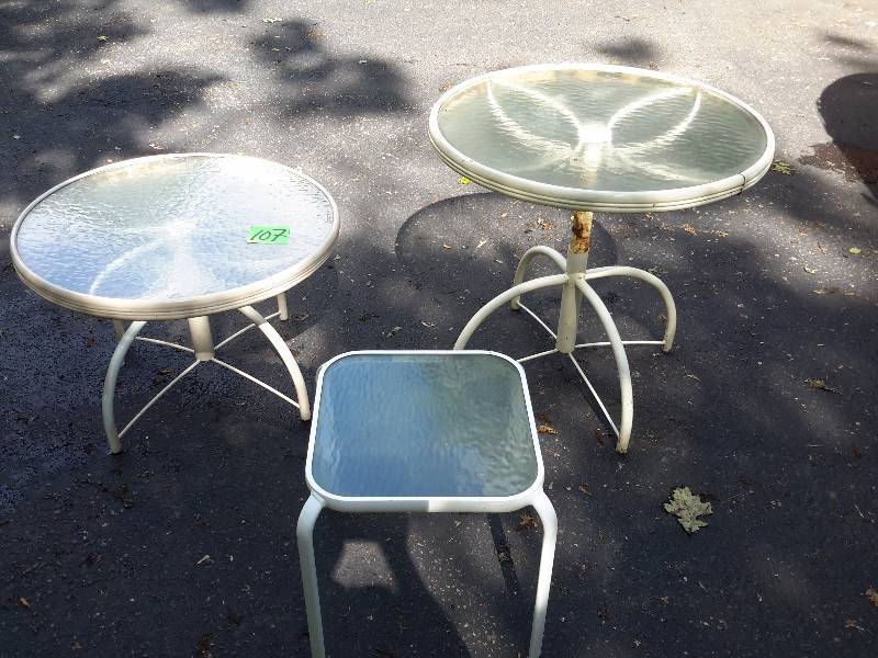 3 Patio Tables.. Homecrest.. 2, 36in heavy duty.. 1 is telescoping to table height (20 lower lever, to 29 in high).  Square table 16in sq x 17 in h