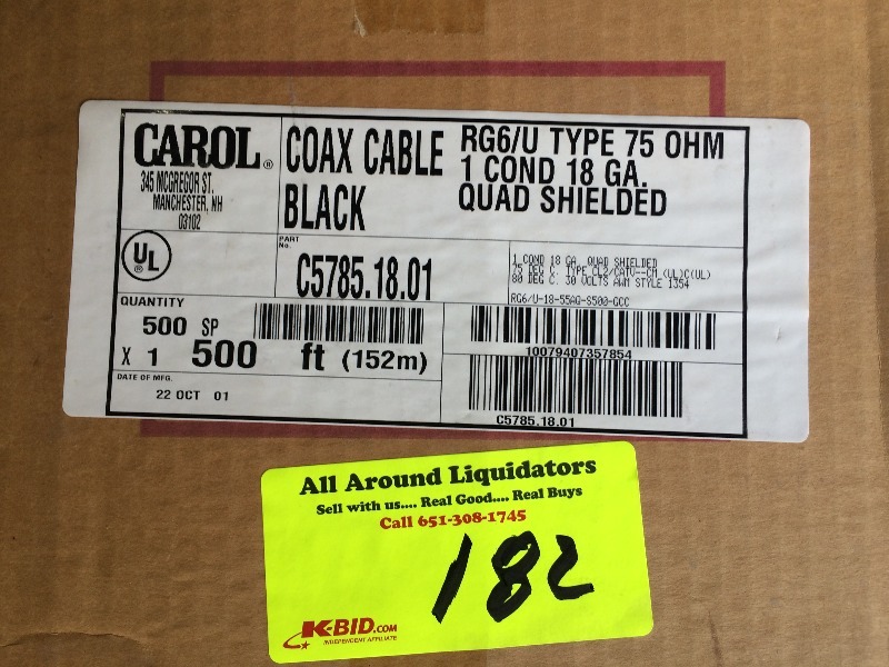 lot 182 image: Coax Cable  Black RG6U type 75 ohm  1 cord  18ga   approx. 300 ft
