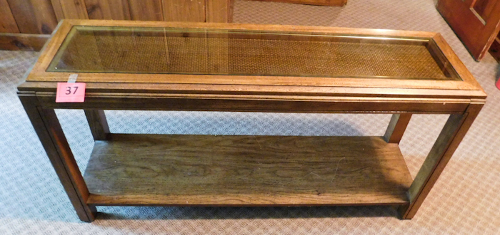 Vintage Sofa Table Woven Cane and Beveled Glass top