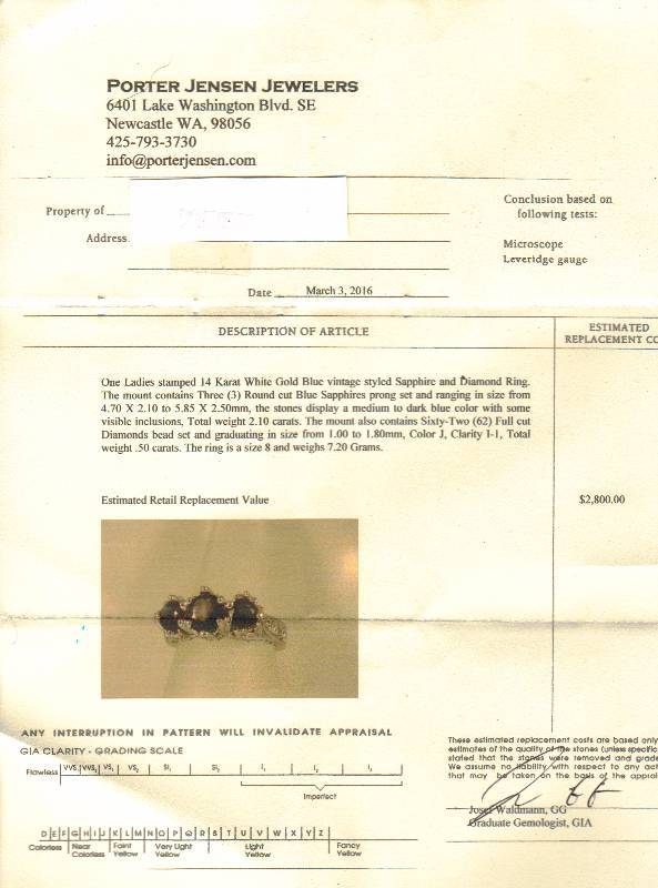 Genuine Sapphire Diamond Ring $2,800 Appraisal Included