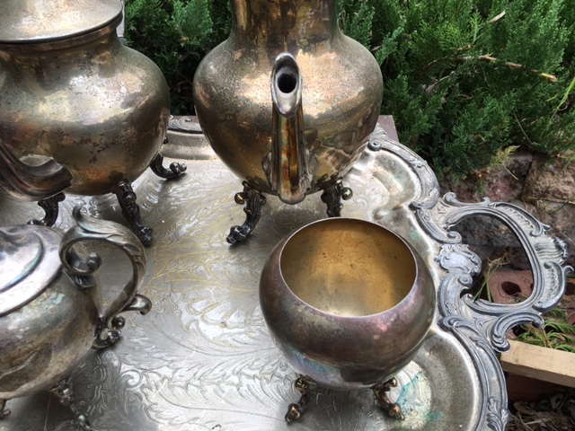 lot 9 image: Birmingham Silver Company BSC Silver on Copper 7 pc Antique Tea Serving Set