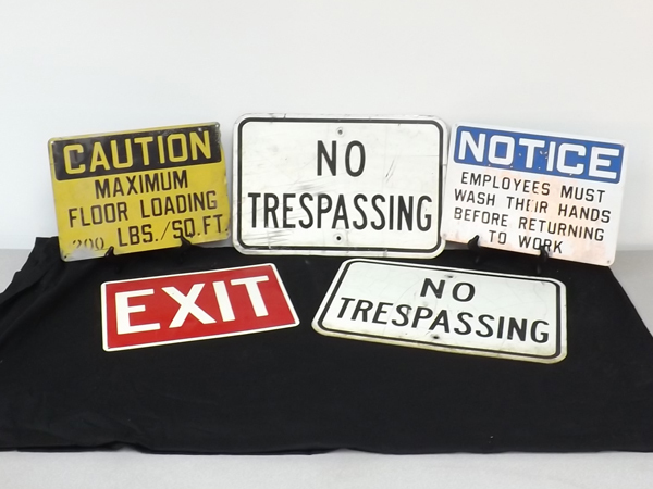 lot 11 image: Lot of 5 Vintage Metal Industrial Factory Signs