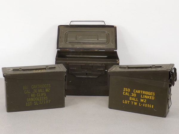 lot 13 image: Lot of 3 Vintage Steel Military Ammo Boxes