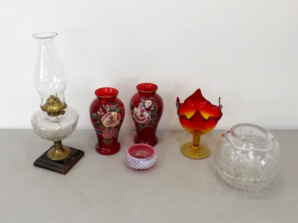 lot 30 image: Lot of Vintage Cranberry Vases, Lamp etc. Including Lefton