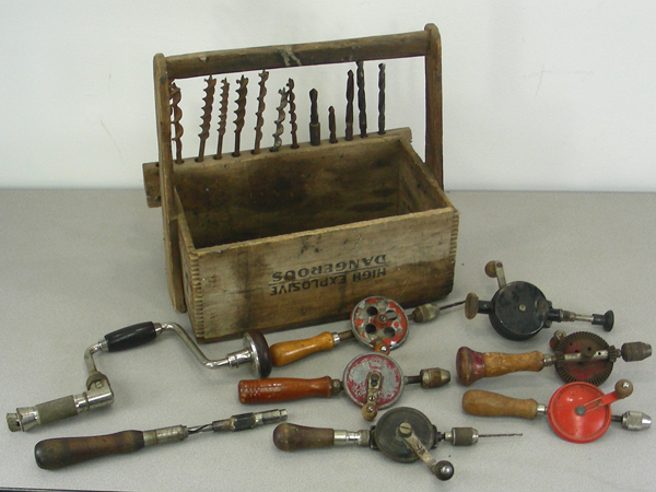 lot 43 image: Antique Dynamite Crate Tool Carrier wBits & Hand Drills