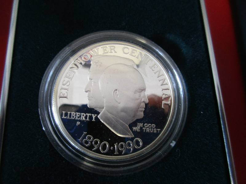 1990-P Dwight D. Eisenhower Centennial Commemorative Silver Dollar with original US Mint Box and Certificate of Authenticity.