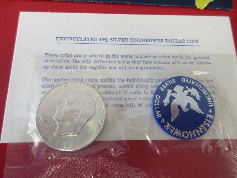 1971-S Eisenhower 40% Silver Dollar.  Known as the Blue Ike or Blue Pack Ike. The 1971-S is rare in higher mint state grades, as NGC has not certified a MS 69 or 70 and has only certified 13 MS 68s.