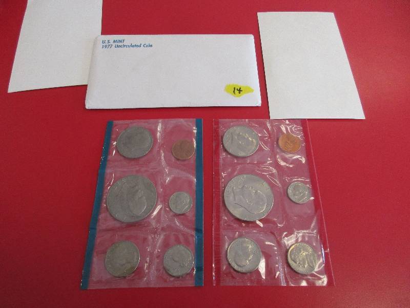 1977 Philadelphia and Denver US Mint Sets.  Eisenhower Silver Dollar, Kennedy Half Dollar, Washing ton Quarter, Jefferson Nickel, Roosevelt Dime and Lincoln Penny.