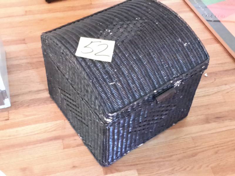 lot 52 image: Wicker Box with hinged top and chain stopper.. Very old.