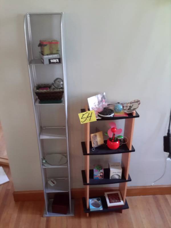 lot 54 image: Metal CDDVD Stand  Wood nik nak stand.  ALL CONTENTS OF BOTH
