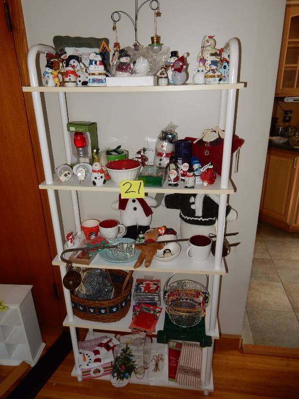lot 21 image: White metal and laminate Shelf unit with EVERYTHING on it.  Bring your own boxes