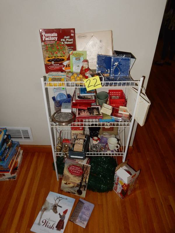 lot 22 image: White metal Shelf unit with EVERYTHING on the shelf. Bring your own boxes.