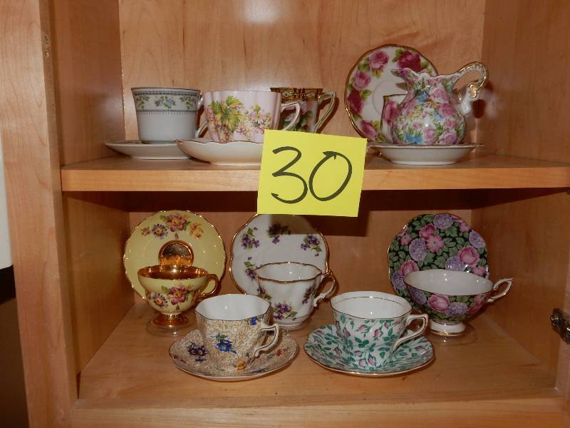 lot 30 image: Fancy China Cups and Saucers.. See closeps.  Bring your own packaging