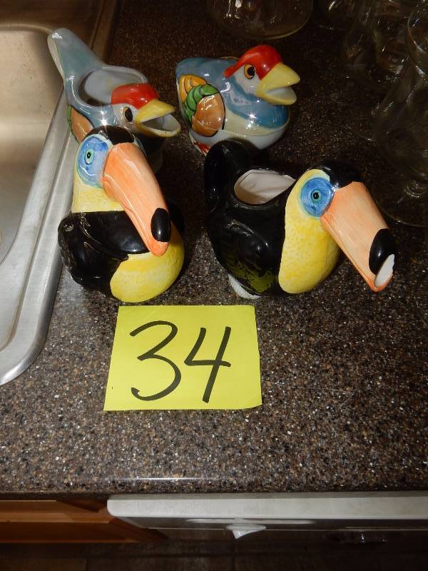 lot 34 image: Hand painted Creamers and Sugars.. Toucan, Chickens.. Very fun