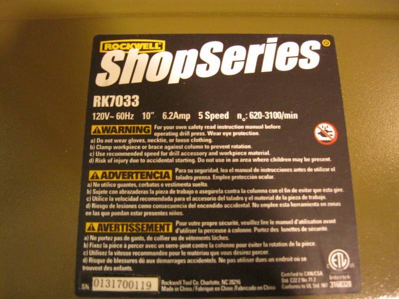 lot 1 image: Rockwell ShopSeries Drill Press - M...
