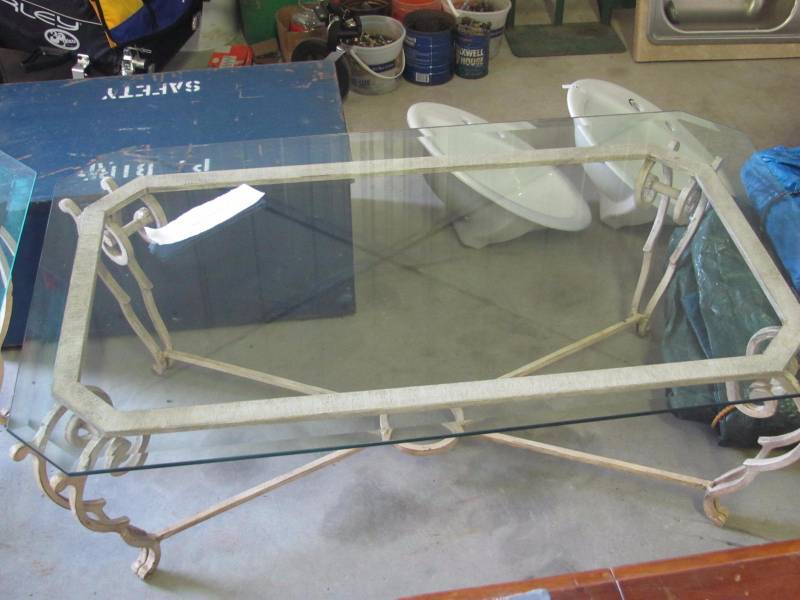 lot 177 image: 3 Piece Wrought Iron Glass Top Table Set
