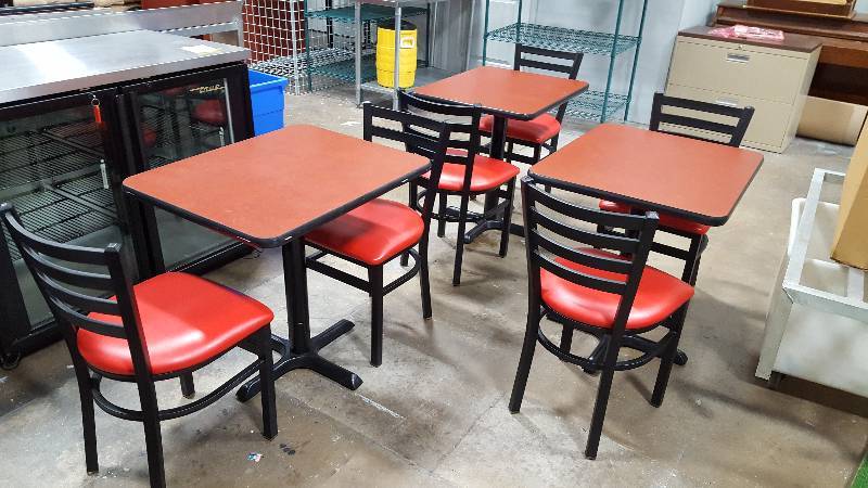 lot 27 image: Lot of (3) 2-top Restaurant Tables with (6) Chairs to match
