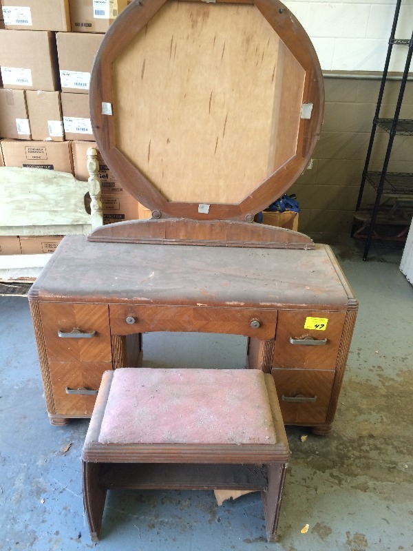 Vintage dresser, mirror, stool   46 long x 18 deep x 27 high