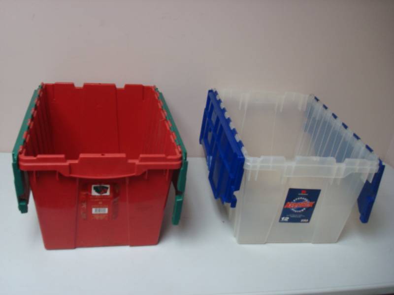 lot 18 image: Pair Of Top Folding Storage Bins, One Christmas, One Clear
