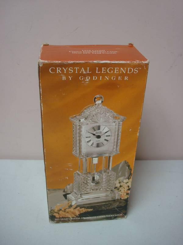 lot 53 image: Small Crystal Glass Mantle Clock, Grandfather Style, New