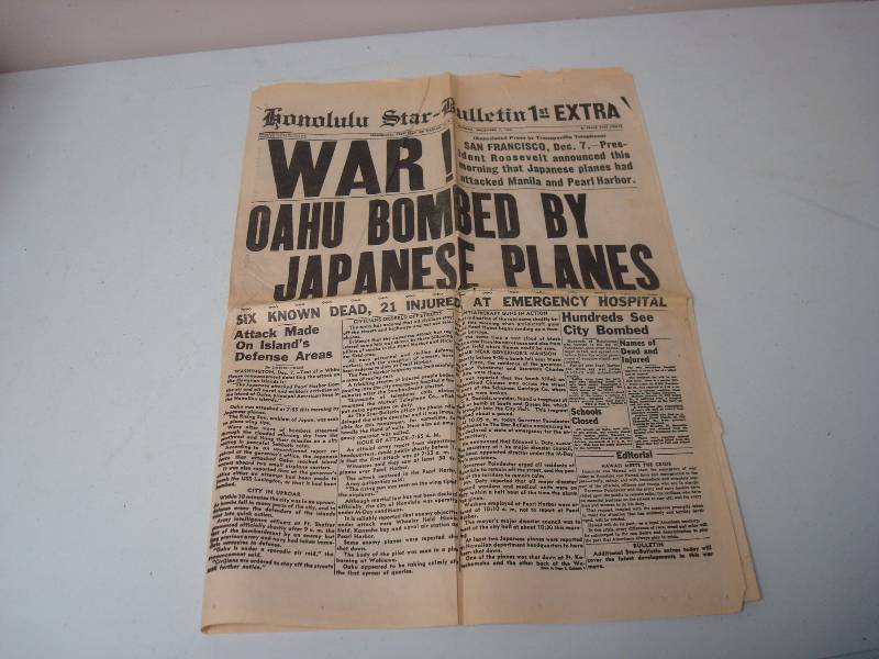 lot 58 image: Honolulu Pearl Harbor Bombing Newspaper, Some Wear, Reprint