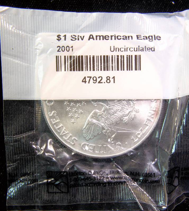 2001 AMERICAN SILVER EAGLE 1 TROY OZ. .999 FINE SILVER IN LITTLETON PACKAGING