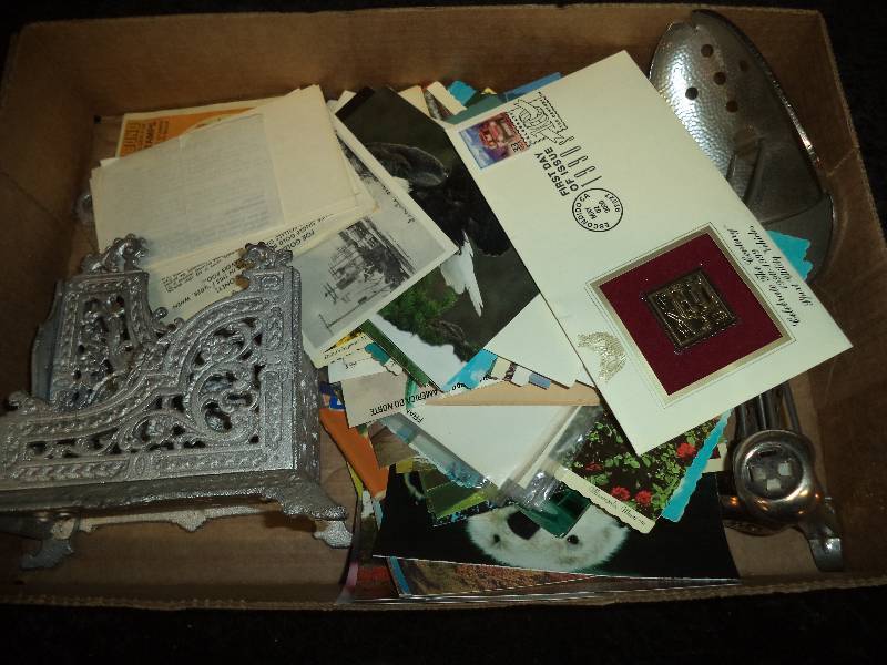 Lot - Misc Postcards, Stamp, Metal Holder, Misc